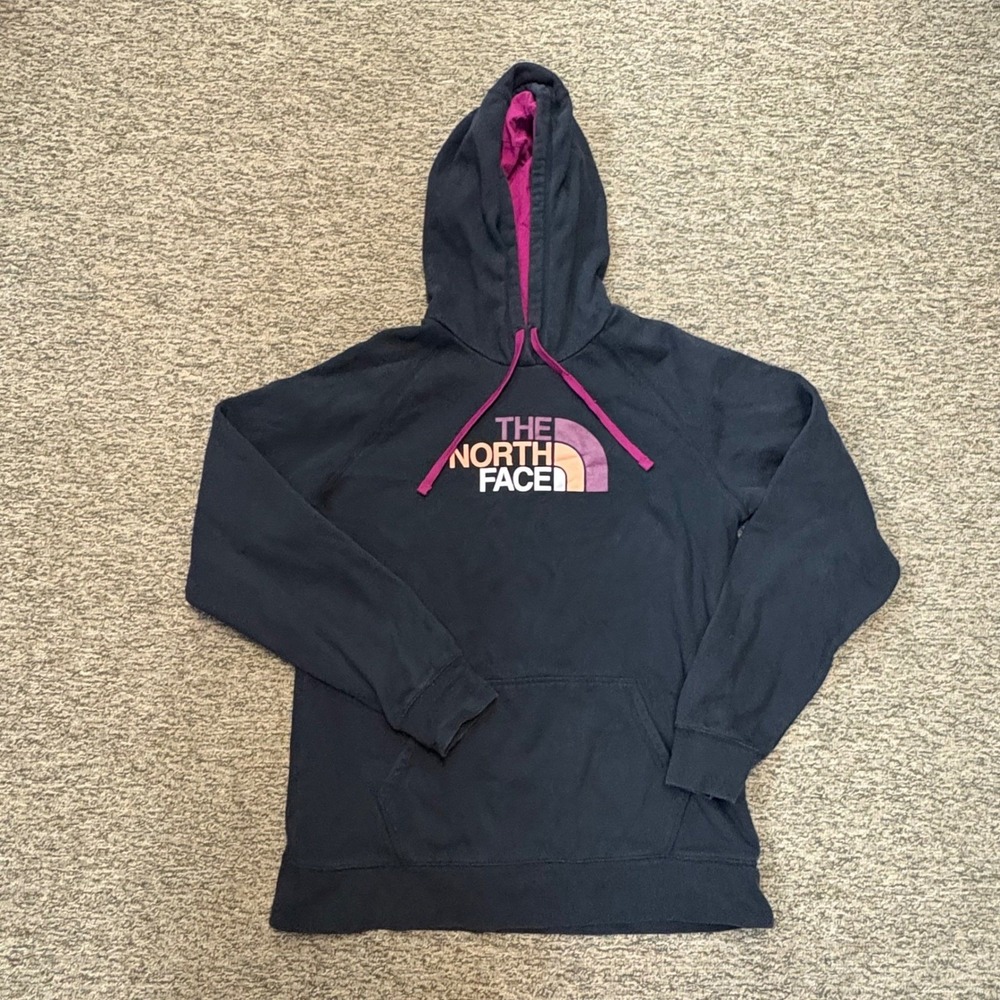The North Face Womens Hoodie Gray Pink Logo‎ Pullover Hooded Sweatshirt XL